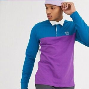VANS - Colorblock Long Sleeve Rugby Polo Shirt- Mens Small‎  - Purple/Teal/White